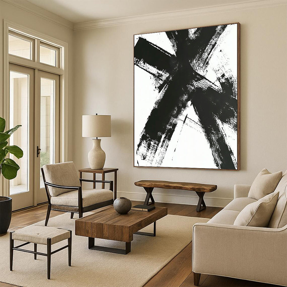 Contemporary large hand-painted abstract artwork featuring a black and white cross with dynamic intersecting lines and expressive brush strokes. DLZ1539