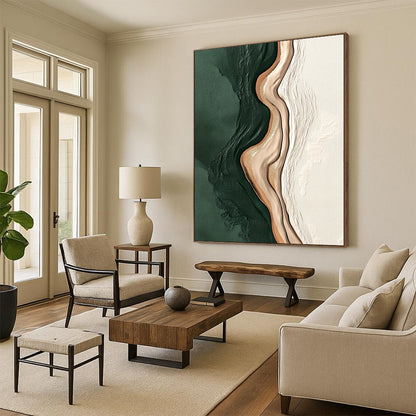Contemporary hand-painted abstract artwork featuring dark green and beige shapes on white background with gold accents and minimalistic brushstroke design. DLZ0838