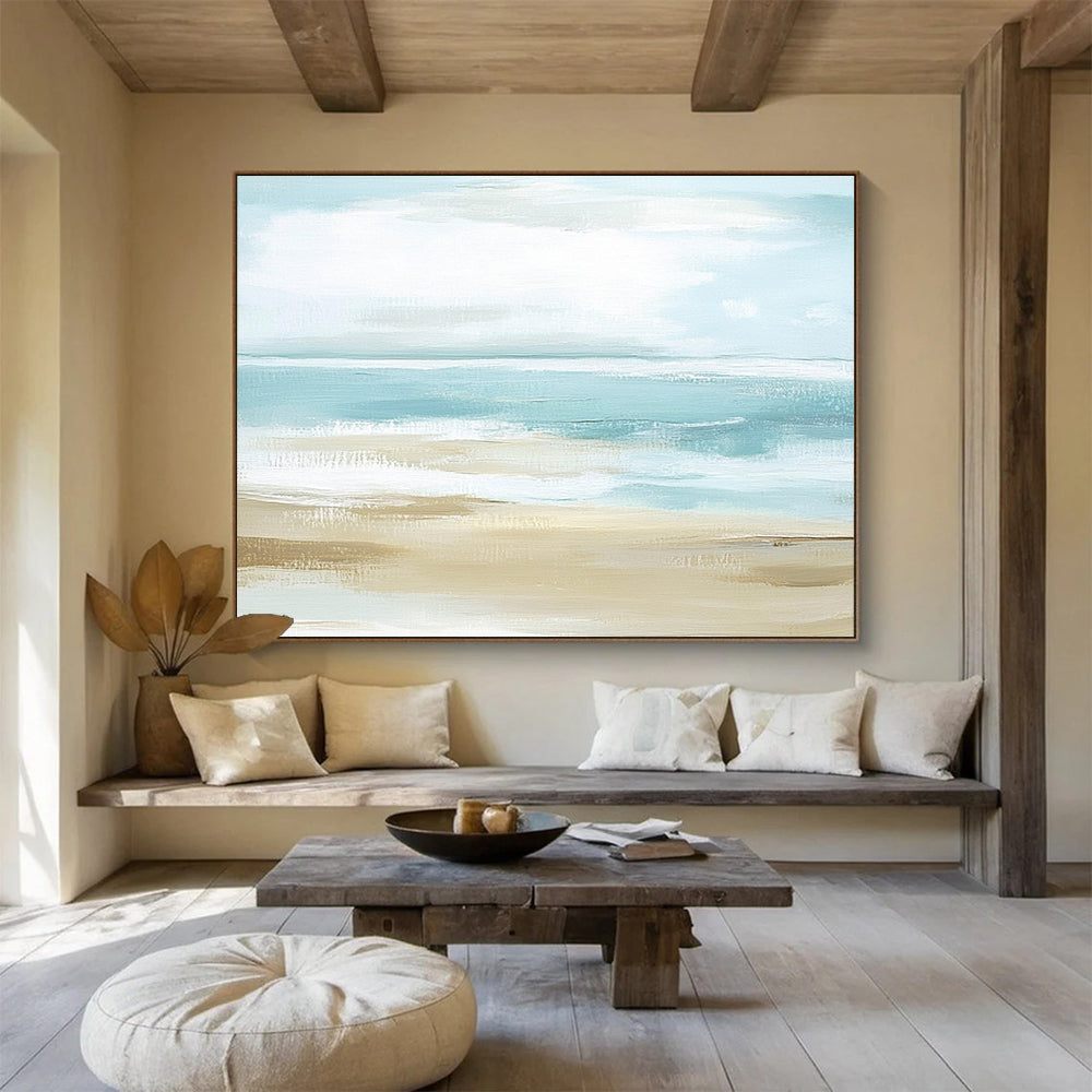 “Soft Beach Abstraction” - Light Blue, Beige, White, Hazy Coastal Scene - Abstract Oil Painting HB1769