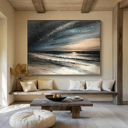 “Starry Night Beach” - Blacks, Whites, Grays, Beiges, Beach Under a Starry Sky - Impasto Oil Painting HB1741