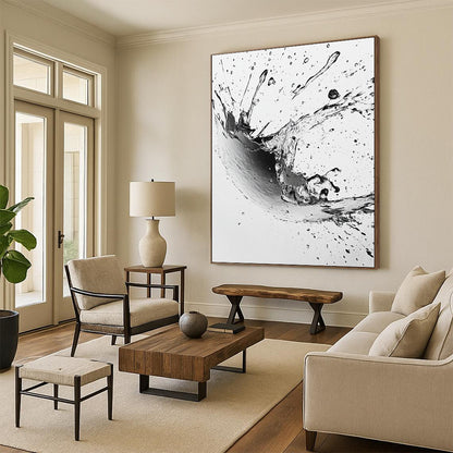 Black, White, Splashing Ink Drop "Ink Drop Explosion" Abstract Expressionist Painting On Canvas HB138