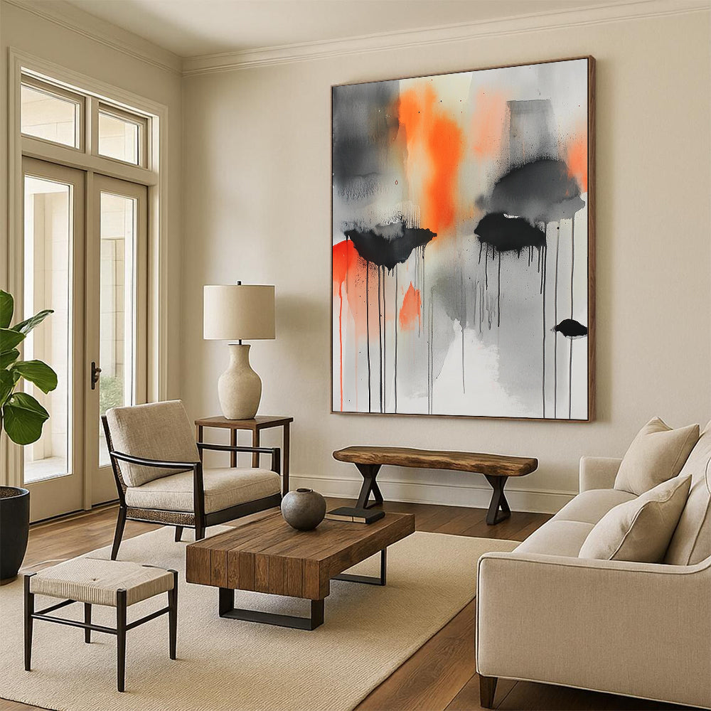 Contemporary hand-painted abstract art featuring gray, orange, and black hues with captivating watercolor drips and splatters for a dynamic visual experience. DLZ1034