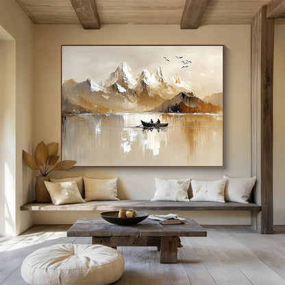 “Mountain Serenity” - Warm beiges, whites, browns; Snow - capped peaks, lake, rowboat, birds; Minimalist Landscape Painting On Canvas HB1147