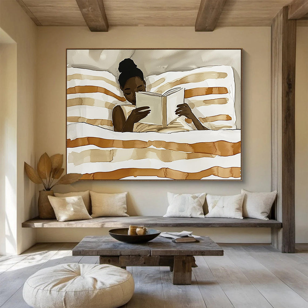 “Reading Woman in Neutral Tones” - Brown, White, Skin Tones, Figure Reading in Bed - Watercolor Illustration HB1770