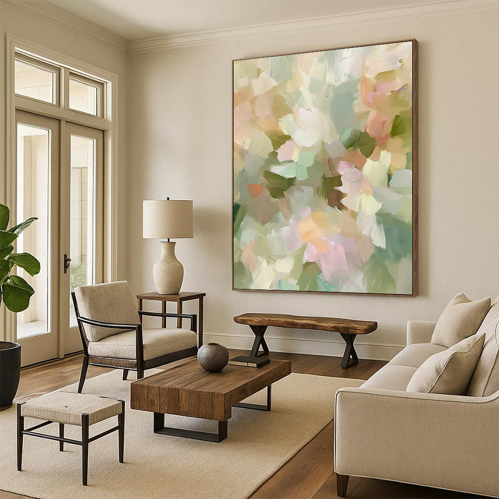 Contemporary hand-painted abstract artwork featuring soft pastel tones and impressionist style evokes spring flowers with muted green and beige hues. DLZ0870