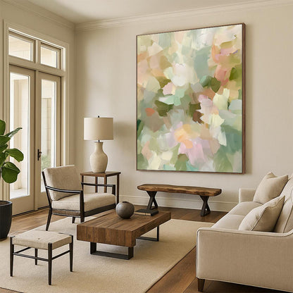Contemporary hand-painted abstract artwork featuring soft pastel tones and impressionist style evokes spring flowers with muted green and beige hues. DLZ0870