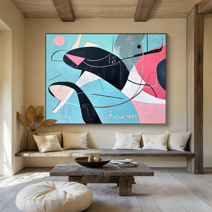 “Mid - Century Modern Whale” - Black, Pink, Blue, Geometric Whale HB1127