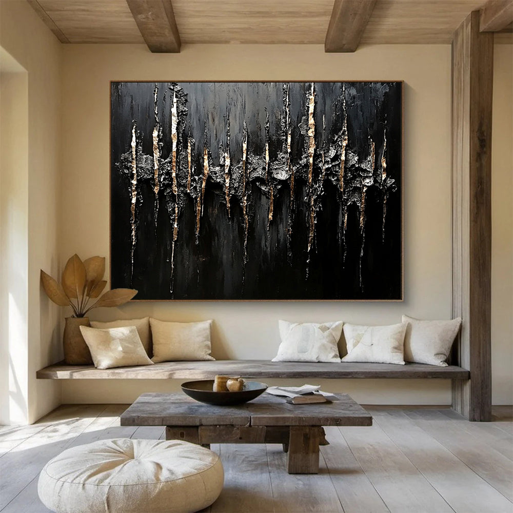 Textured Black & Gold Abstract - Impasto Minimalist Painting On Canvas HB0467
