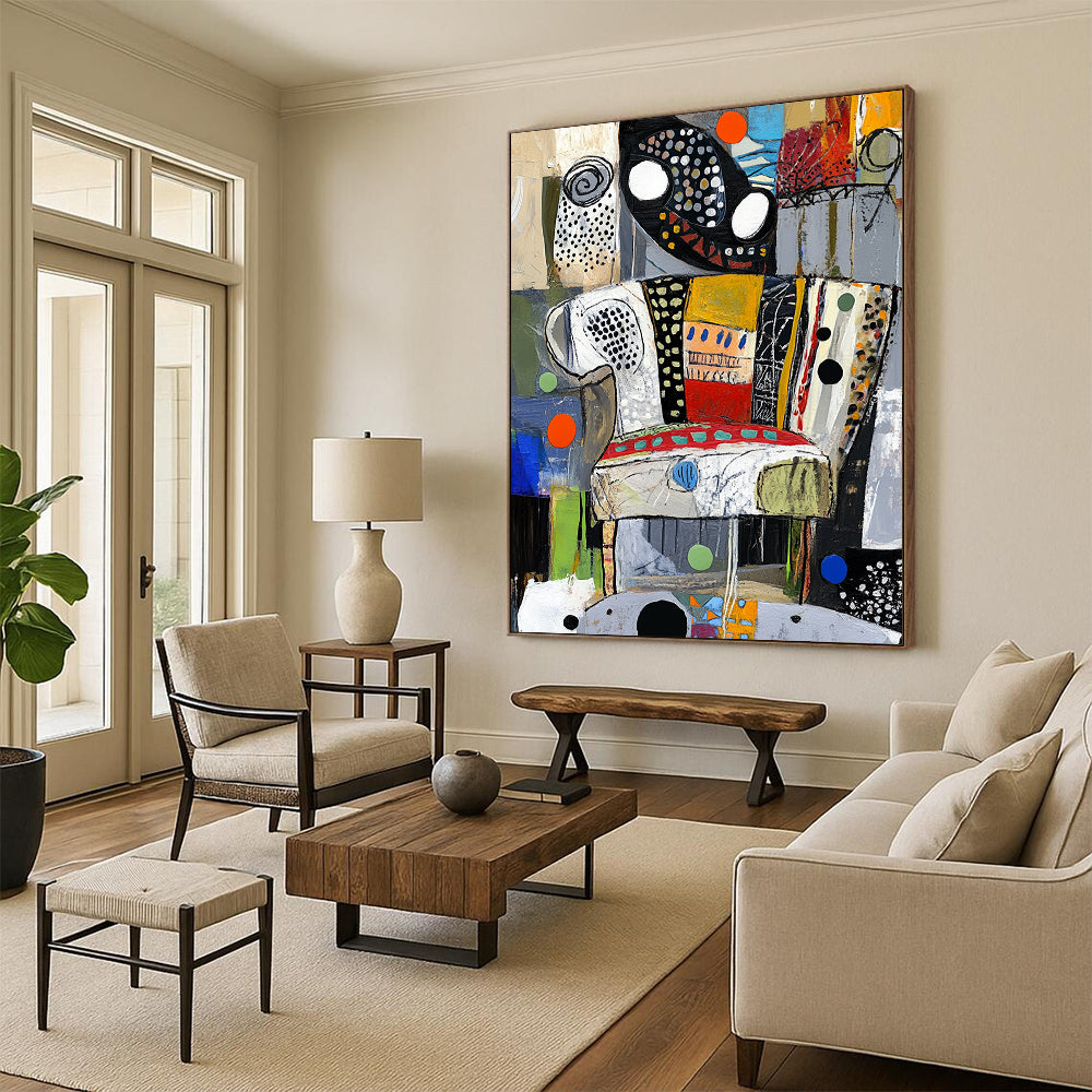 Contemporary abstract painting showcasing vibrant colors and dynamic textures evoking a stylized chair through circles and swirls. DLZ1367