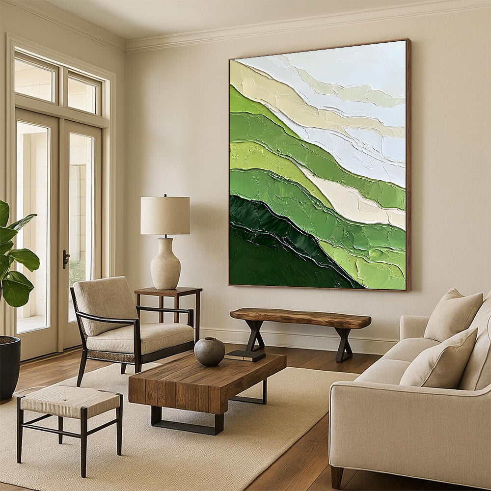 Contemporary hand-painted abstract artwork featuring textured green mountains and minimalist design against a white background evokes tranquility and natural beauty. DLZ0599