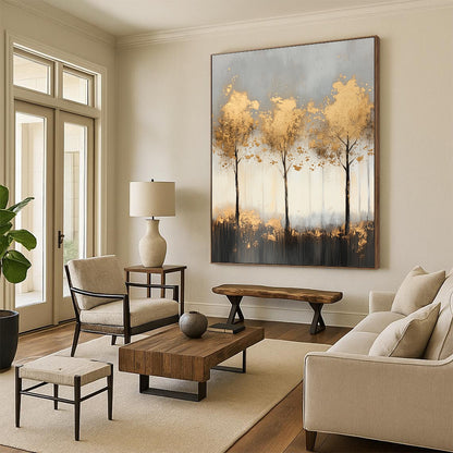 Contemporary abstract painting features misty landscape with light gray and gold tones, delicate tree shapes, and shimmering golden foil accents for a serene ambiance. DLZ1352