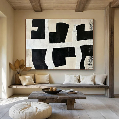 “Black - White Grid Shapes” - Black, white, beige, Abstract Geometric Painting HB0640