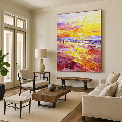 Contemporary abstract painting featuring vibrant sunset hues with palette knife textures and small figures on a beach during golden hour. DLZ0476