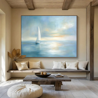 “Sailboat At Dusk” - Light Blue, White, Dreamy Sailboat Painting On Canvas HB0702