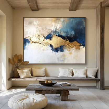 “Textured Gold - Blue - Gray Clouds” - Gold, Blue, Gray, White, Cloud - Like Shapes Painting On Canvas HB0823