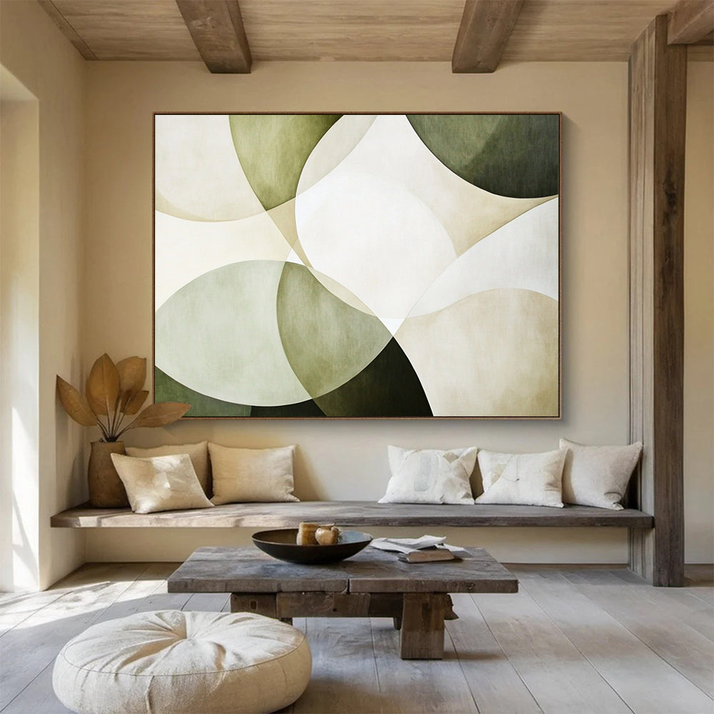 “Green - Beige Overlapping Circles” - Green, Beige, White with Circular Layers - Abstract Acrylic HB1361