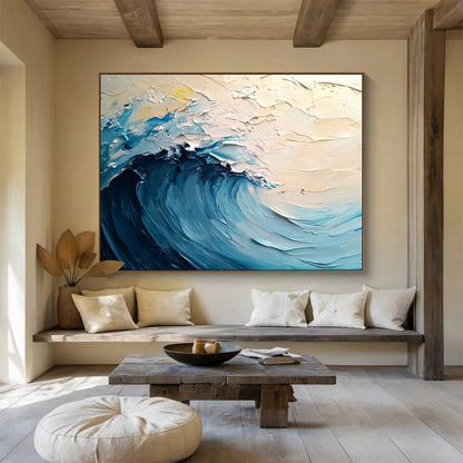 Impasto Blue Wave on Light Background - Coastal Impressionist Painting On Canvas HB0505