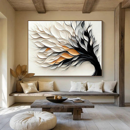 “Textured Tree” - White, Gray, Black, Gold with Layered Leaves - 3D Abstract Sculpture HB1345