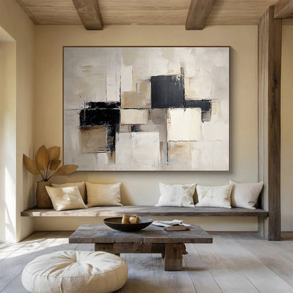 “Neutral Geometric Blocks” - Beige, Black, White, Abstract Cubes Painting On Canvas HB1054