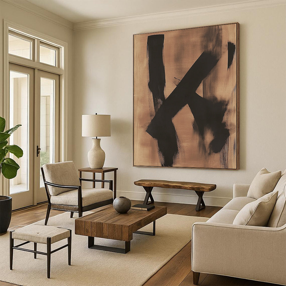 Contemporary hand-painted abstract artwork featuring two black shapes on a dreamy bronze background evoking a sense of melancholy. DLZ1423