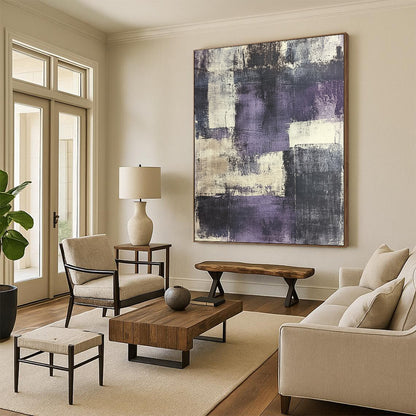 Contemporary abstract painting features urban landscape in grey and purple tones with distressed textures and vintage papers for a unique artistic touch. DLZ0589