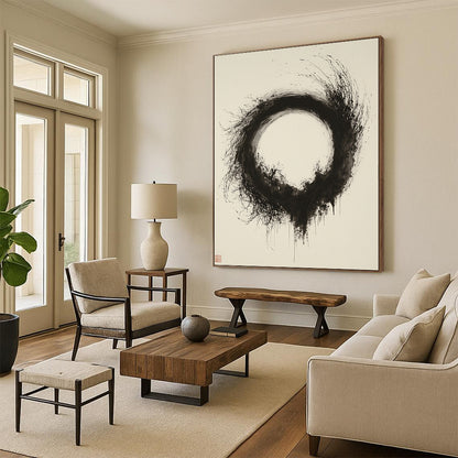 Black & Gray Textured Circular Ink - “Ethereal Enso Nest” Painting On Canvas HB246