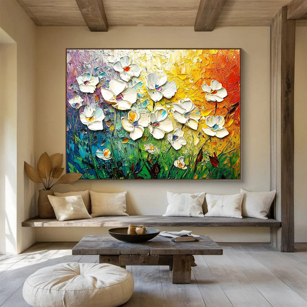 “Vibrant 3D Floral Burst” - White, Colorful, Textured Flowers Painting On Canvas HB0727