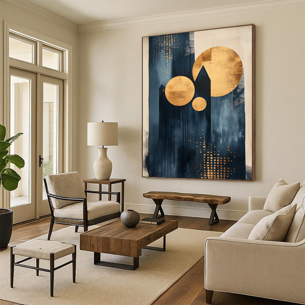 Contemporary abstract artwork featuring dots and lines with black ink light indigo tones and gold accents on canvas texture. DLZ0854