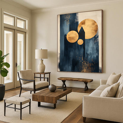 Contemporary abstract artwork featuring dots and lines with black ink light indigo tones and gold accents on canvas texture. DLZ0854