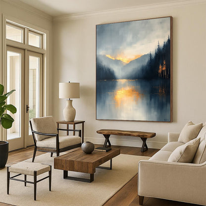 Contemporary abstract painting featuring a misty light blue and gray sky with gold leaf accents and visible brush strokes for an atmospheric effect. DLZ0514