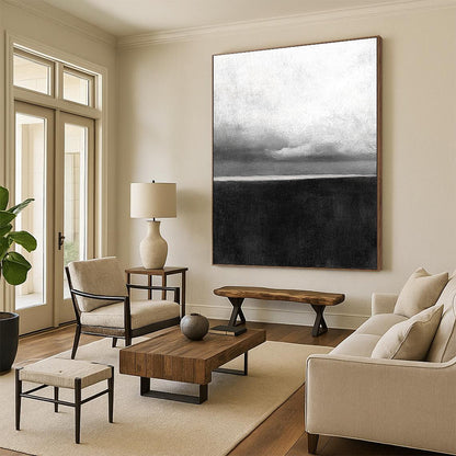 Contemporary hand-painted abstract artwork featuring a textured ocean horizon with soft, atmospheric clouds and a grainy, minimalist aesthetic. DLZ1546