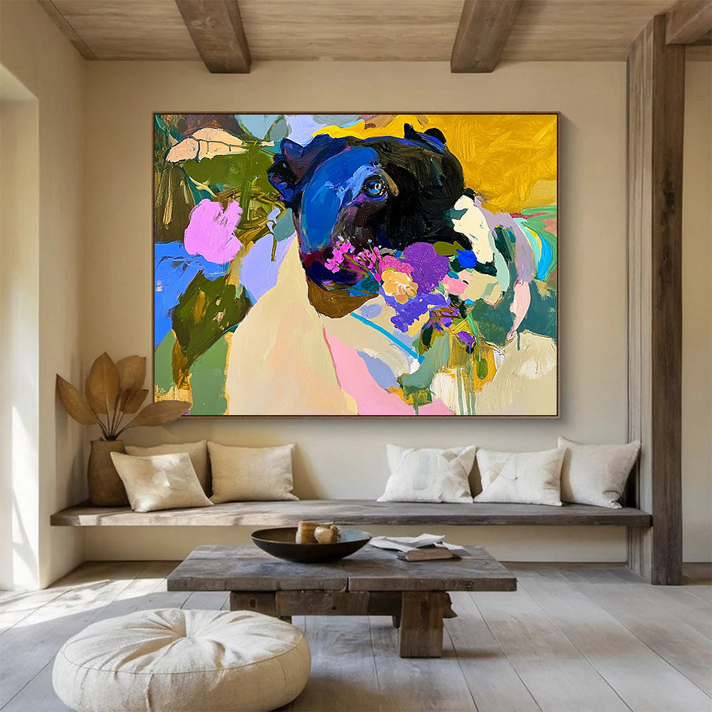 “Colorful Dog with Flowers” - Black dog, colorful flowers, vibrant background, Expressive Animal Painting On Canvas HB0600