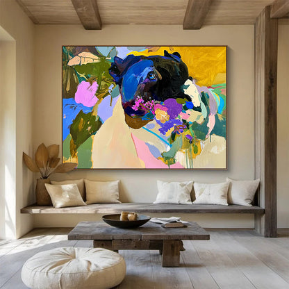 “Colorful Dog with Flowers” - Black dog, colorful flowers, vibrant background, Expressive Animal Painting On Canvas HB0600