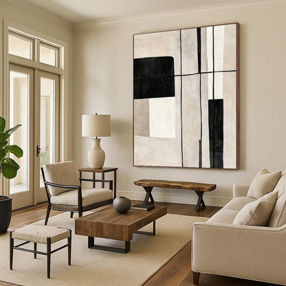 Contemporary hand-painted abstract art featuring geometric shapes in black and white on a soothing beige background with delicate lines. DLZ1322