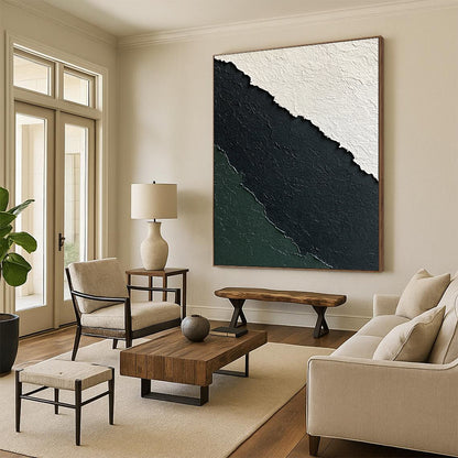 Contemporary abstract art features a textured paper design in black white and green against a dark gray background for a minimalistic elegance. DLZ1249