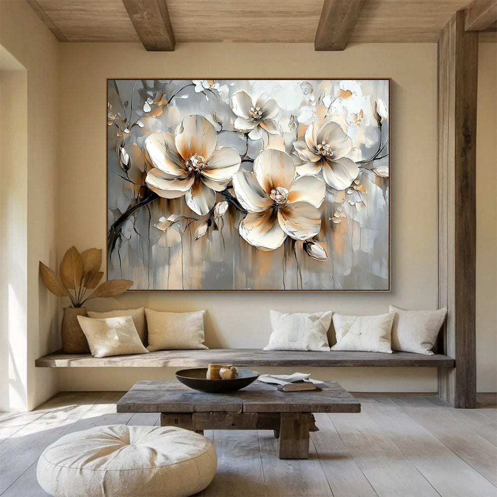 “Beige - Gray Floral Blooms” - Beige, Gray, White, Textured Floral Blooms - Impasto Oil Painting HB1783