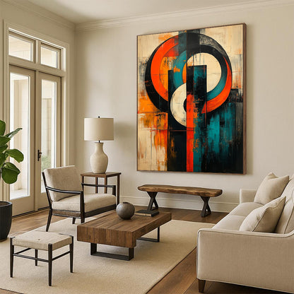 Bold contemporary abstract artwork featuring large circles and geometric lines in vibrant orange teal blue white black red and grey on canvas texture. DLZ1037