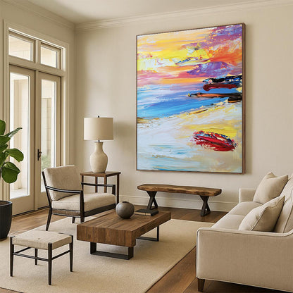 Contemporary abstract beach artwork features a vibrant sunset with colorful waves and boats under a dreamy pastel sky and soft white sand below. DLZ1504