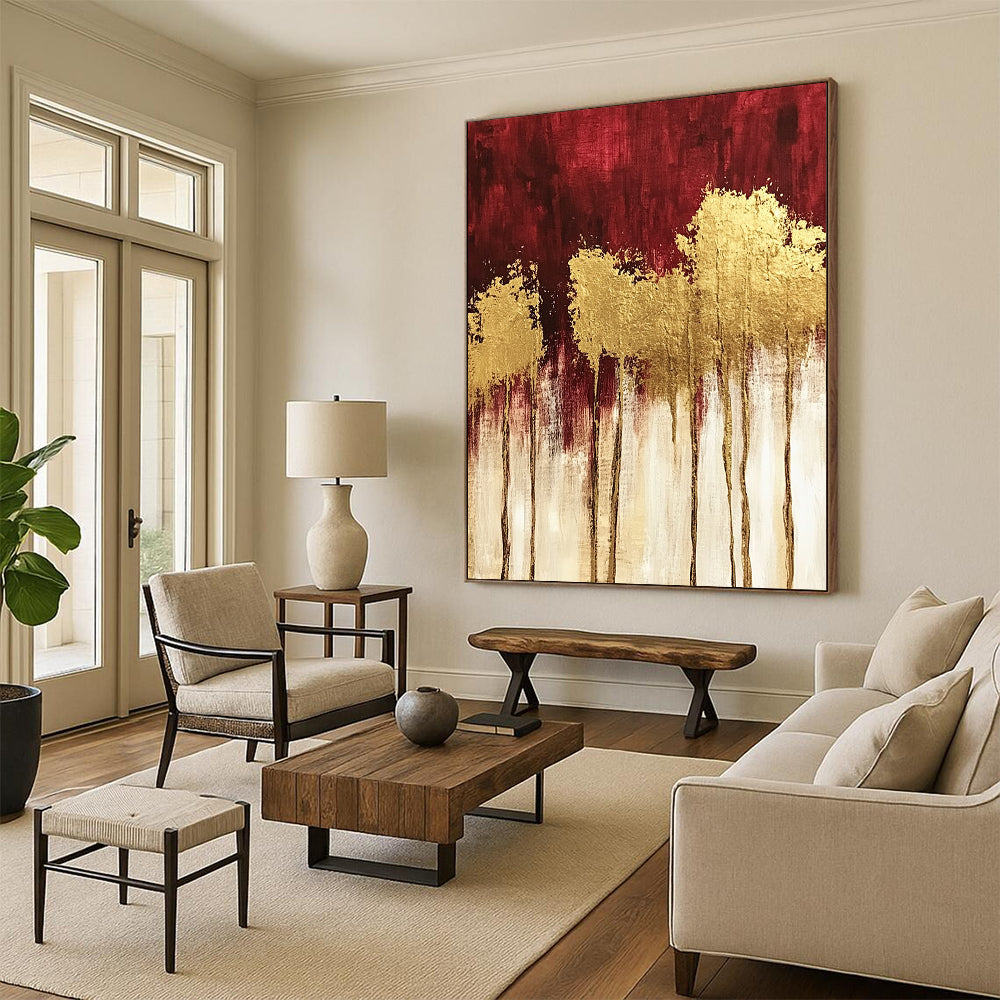 Contemporary hand-painted abstract art featuring textured red and gold trees with striking gold foil accents and a rich dark red and white palette. DLZ1445