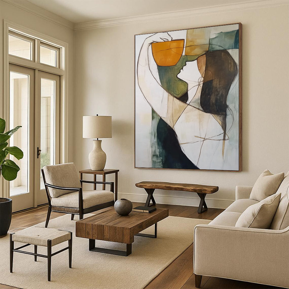 Contemporary abstract artwork featuring a figure cradling an orange cup against a soothing blend of gray green black and blue tones. DLZ1302