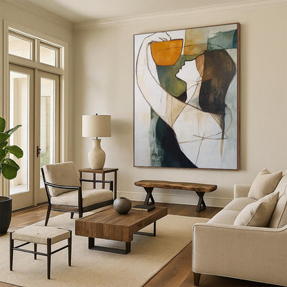 Contemporary abstract artwork featuring a figure cradling an orange cup against a soothing blend of gray green black and blue tones. DLZ1302