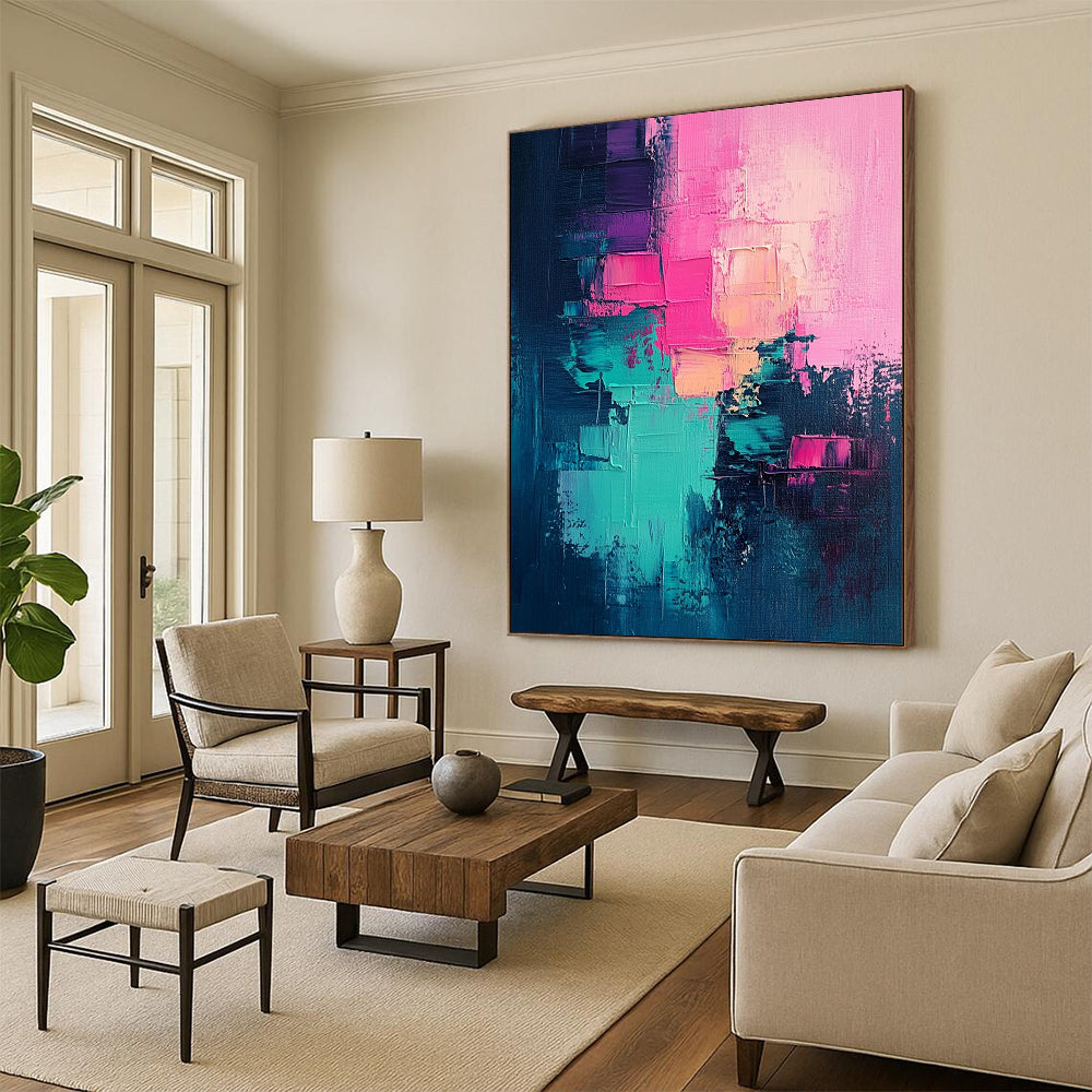 Contemporary large hand-painted abstract artwork featuring a vibrant color palette of pink teal and magenta for a striking visual impact. DLZ0703
