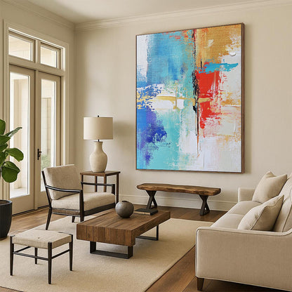 Contemporary hand-painted abstract art showcasing urban landscapes with textured brush strokes in soft neutrals and vibrant blue and red highlights DLZ0511