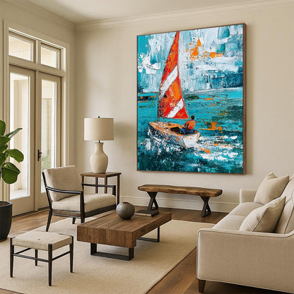 Contemporary hand-painted abstract art showcasing a sailboat with striped sails navigating turquoise waves, featuring expressive brush strokes and textured impasto techniques. DLZ1697