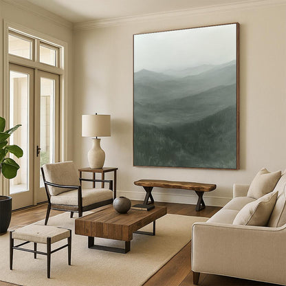 Contemporary hand-painted abstract artwork showcasing misty rugged mountains in serene greens and grays with an ethereal light, inviting solitude and mystery. DLZ0845