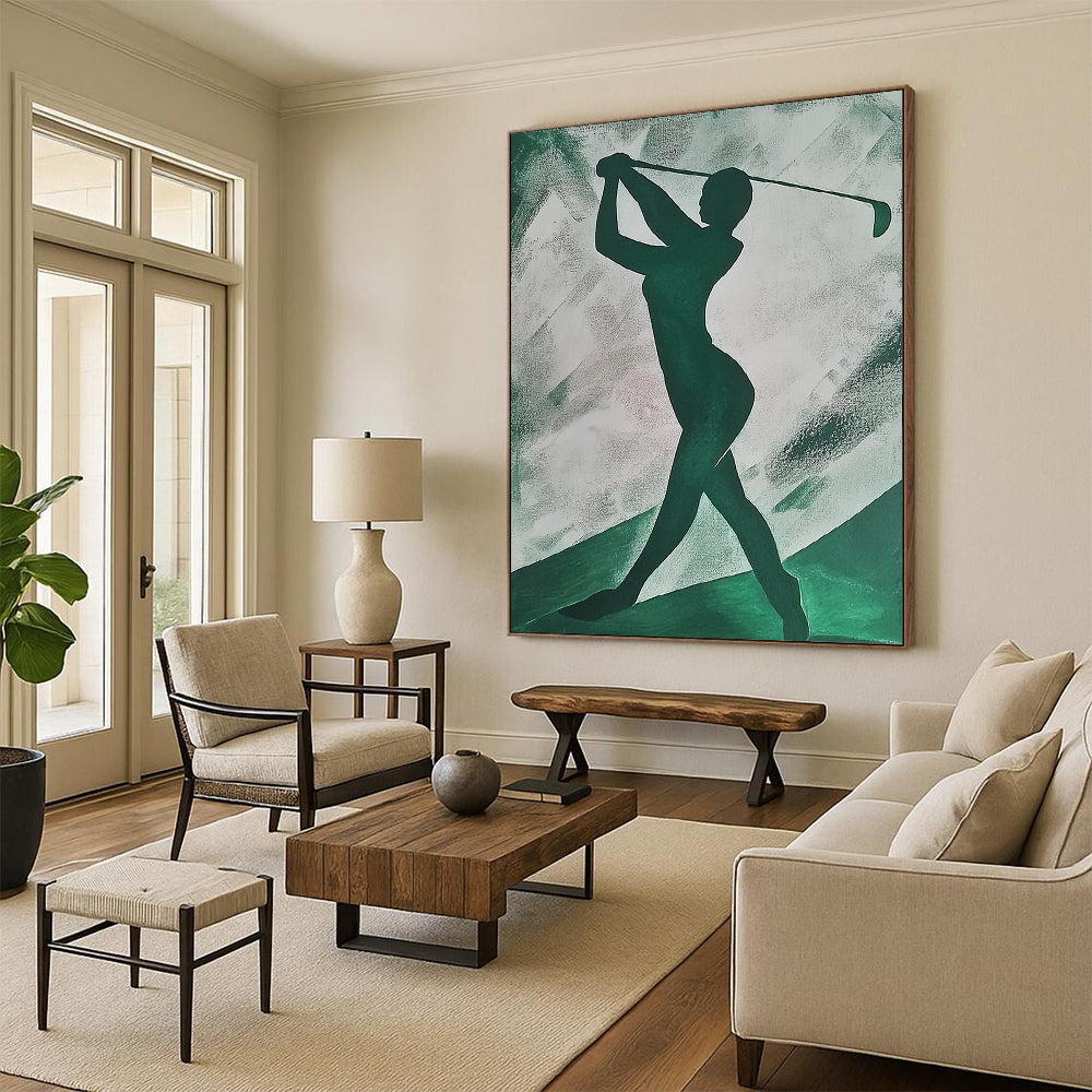 Contemporary abstract painting featuring an emerald green silhouette of a woman playing golf on textured paper with simple shapes. DLZ1406