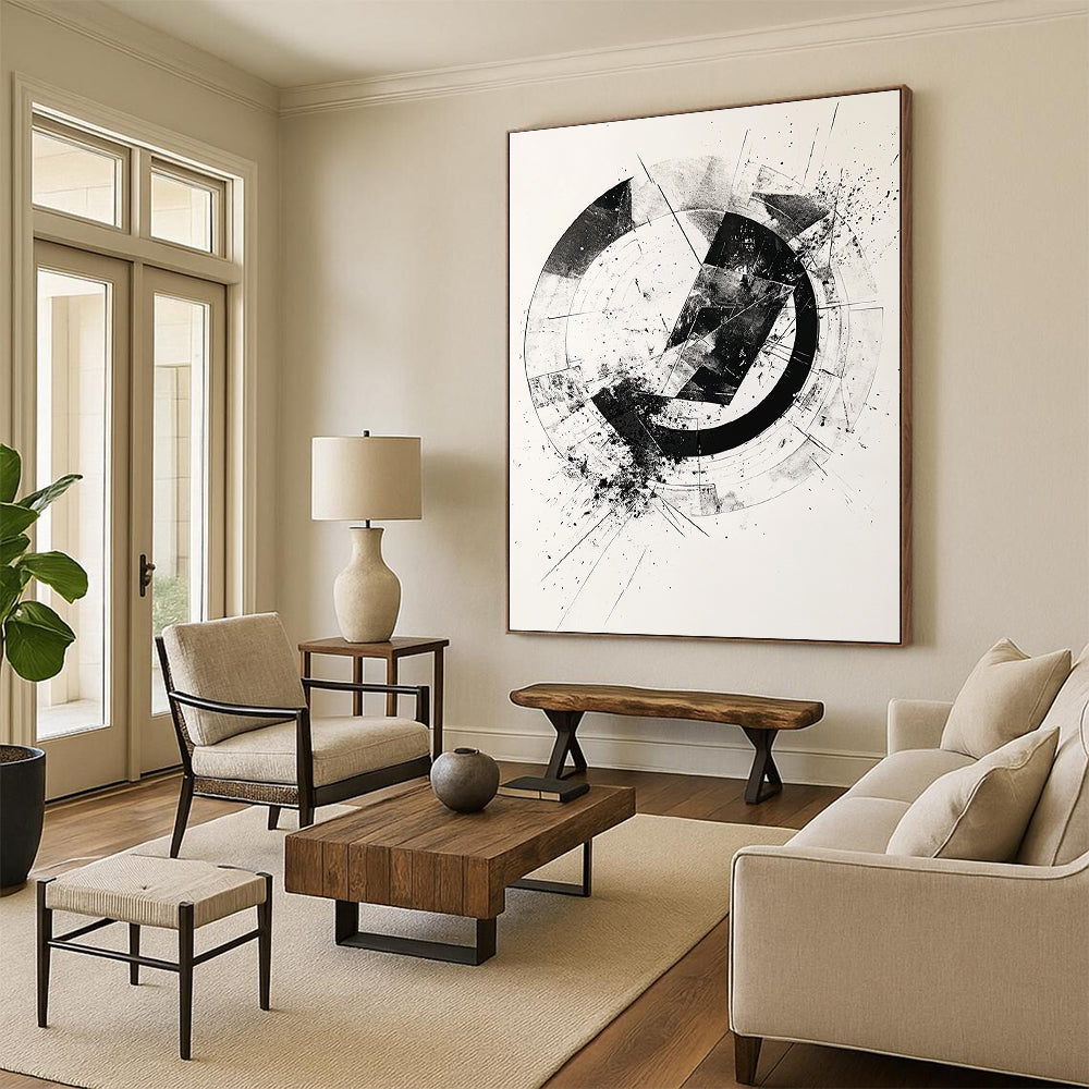 Black & Gray Geometric Circular Ink - “Structured Enso Fusion” Painting On Canvas HB243