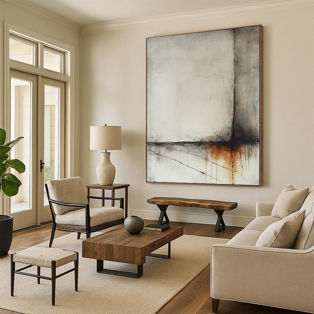 Contemporary abstract artwork featuring a misty ocean scene in light gray and amber tones with minimalistic dry brush techniques and hints of rusted metal. DLZ1004