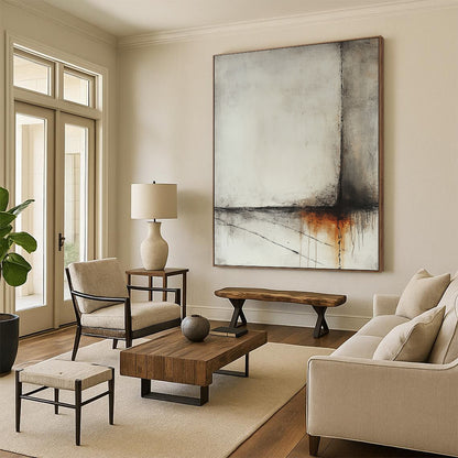 Contemporary abstract artwork featuring a misty ocean scene in light gray and amber tones with minimalistic dry brush techniques and hints of rusted metal. DLZ1004