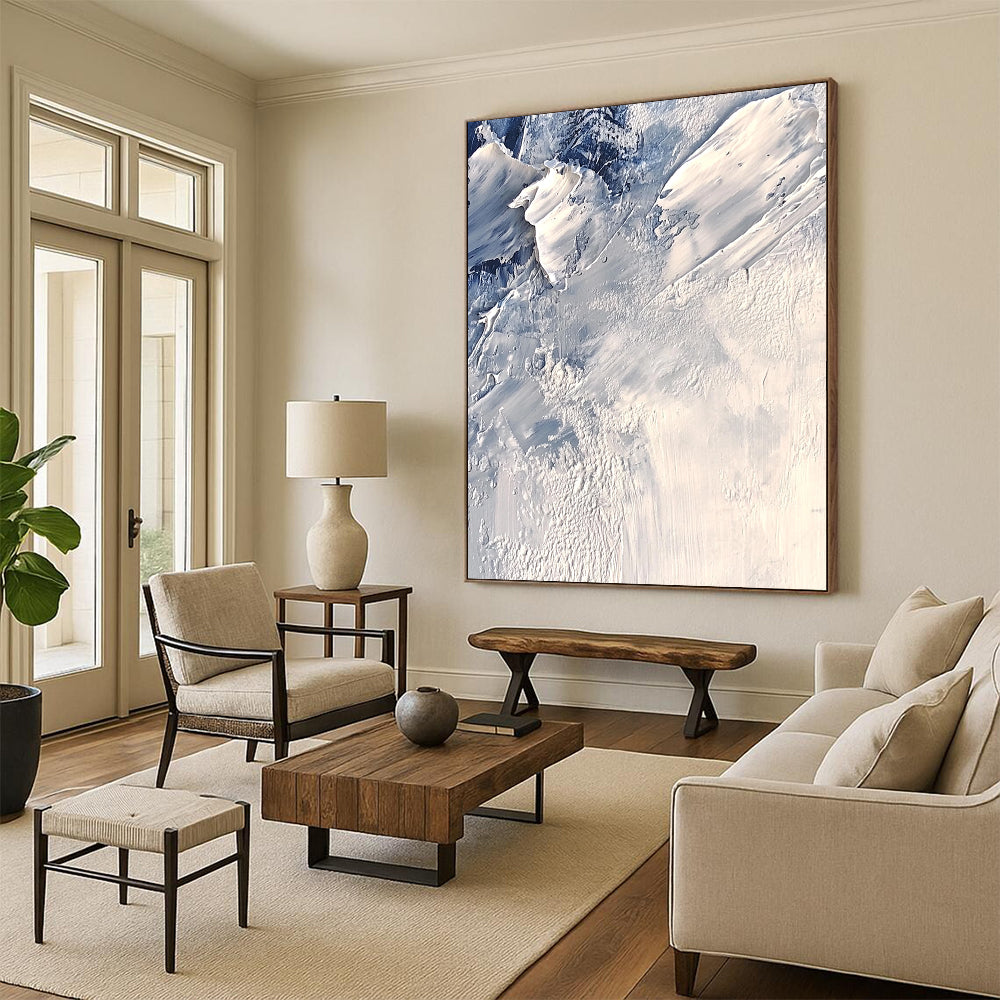 Contemporary abstract artwork features textured ice layers in shades of white and gray, evoking a cold atmosphere with intricate impasto details. DLZ0805